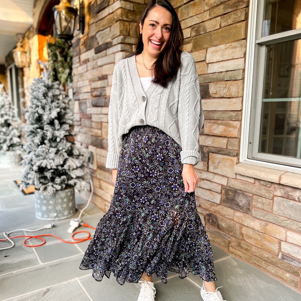 Loft shimmer floral godet maxi skirt